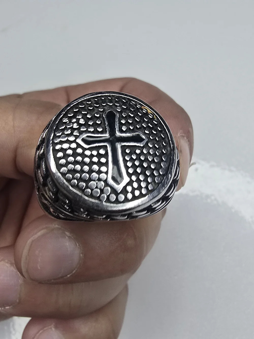 Men's Stainless Steel Cross Signet Ring Gothic Religious Statement Ring Size 16.